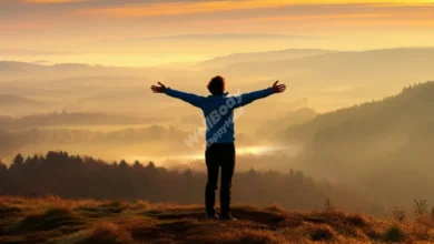 Flourishing well-being: Person embracing life's potential at peaceful sunrise