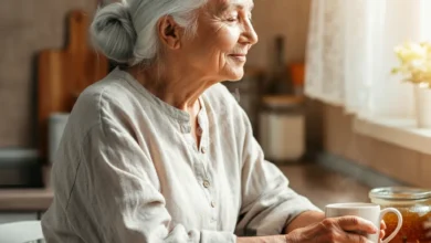 A peaceful parent sitting at a sunny kitchen counter with a steaming cup of tea, wearing comfortable clothes, surrounded by morning light, gentle smile on face