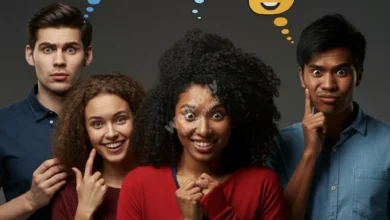 A diverse group of people from different cultures expressing various emotions, with thought bubbles showing contrasting emotional symbols