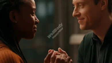 A close-up of two people holding hands, with warm, understanding expressions on their faces, symbolizing empathetic connection