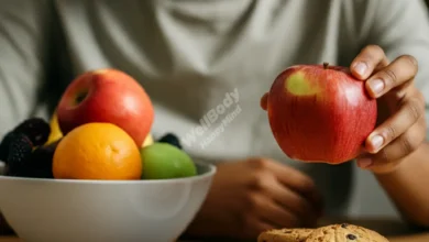 A person making a conscious choice between fresh colorful fruits and a plate of cookies, with a satisfied, empowered expression