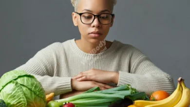 A person looking thoughtfully at a variety of healthy foods and a scale, symbolizing the connection between diet and metabolism