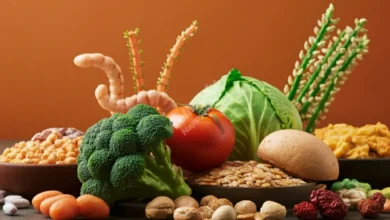 A vibrant, colorful ecosystem depicting various foods as flora and fauna, representing a healthy gut microbiome