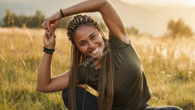 A vibrant, energetic person doing yoga outdoors with a sunrise background, symbolizing holistic physical wellness