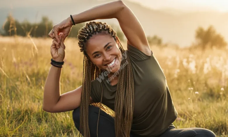 A vibrant, energetic person doing yoga outdoors with a sunrise background, symbolizing holistic physical wellness