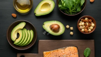 Keto superfoods on wooden table: avocados, salmon, greens and nuts.