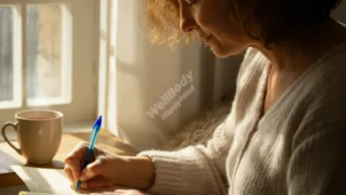 Person writing in gratitude journal, creating mindful moments by sunny window