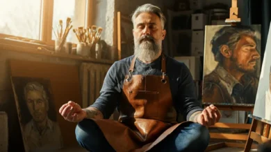 A serene artist sitting cross-legged in a sun-filled studio, eyes closed in meditation, with art supplies and an unfinished canvas nearby. Natural lighting, warm tones, peaceful atmosphere.