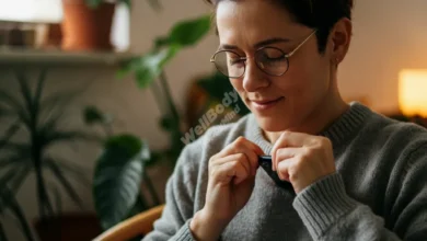 A person mindfully putting away their phone while sitting in a peaceful living room setting, warm natural lighting, soft colors