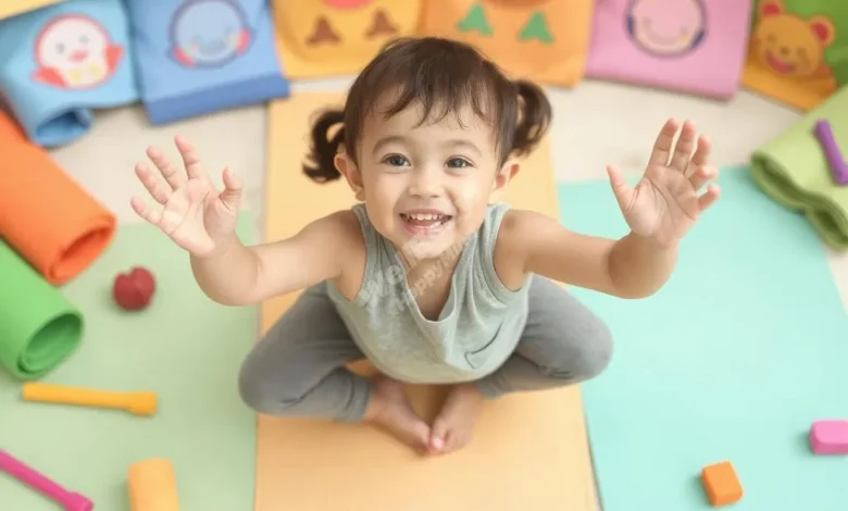 A smiling child in a playful yoga pose surrounded by colorful, cartoon-style yoga mats and props
