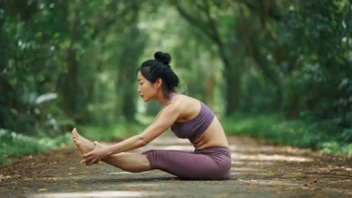 A person doing a yoga pose outdoors with a serene expression, surrounded by nature, embodying the concept of holistic fitness