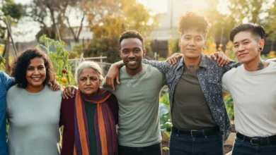 Diverse community building mental health support ecosystem in thriving garden setting