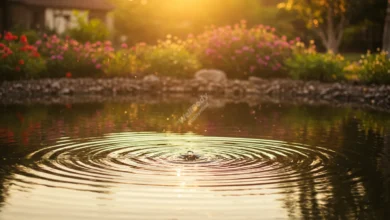 A serene pond with expanding ripples, symbolizing the spread of self-compassion in a community setting