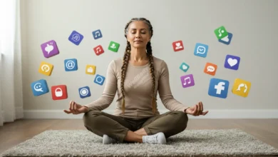 A serene individual meditating while surrounded by floating social media icons, conveying a sense of balance and digital mindfulness