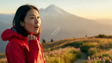A person standing at the edge of a scenic trail, looking out at a beautiful natural landscape with a mix of excitement and slight hesitation on their face