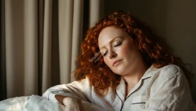 A person peacefully sleeping in a calm, dimly lit bedroom with a serene expression on their face