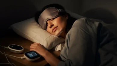 A person peacefully sleeping in a dimly lit room with various sleep tech devices visible nearby