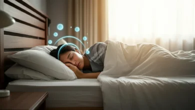A person peacefully sleeping in a comfortable bed, with a subtle glow representing sleep cycles