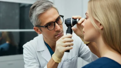 A dermatologist examining a patient's skin with a dermatoscope, focus on the careful inspection