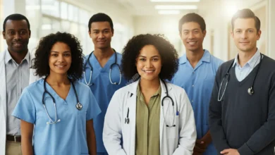 A diverse group of people from various ethnicities and ages, standing together in a community health center, looking confident and supportive