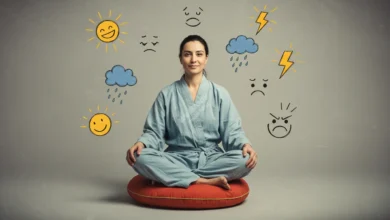 A serene individual sitting cross-legged on a colorful cushion, surrounded by various mood-representing symbols like a sun for happiness, raincloud for sadness, and lightning bolt for anger