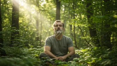 Nature mindfulness: Person meditating in sunlit forest, connecting with outdoor environment